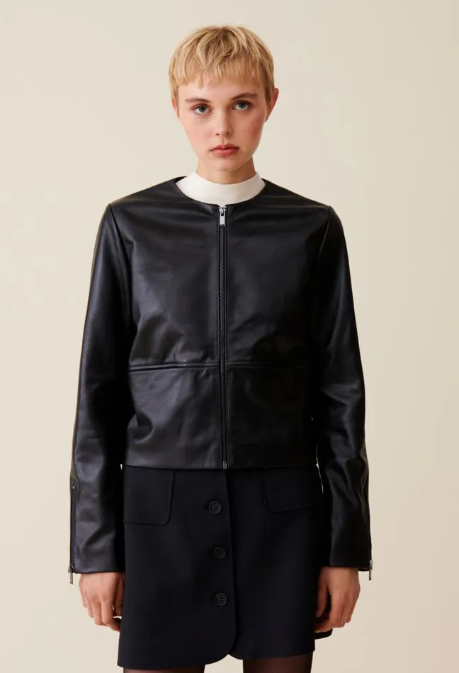 Claudie Pierlot Short Round Neck Leather Jacket Clothes Jackets