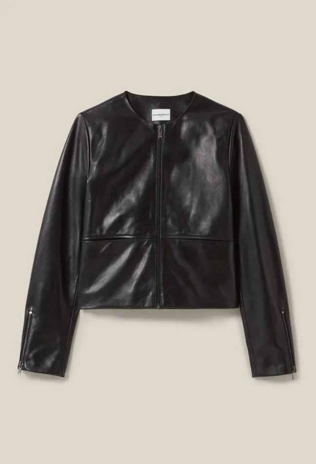 Claudie Pierlot Short Round Neck Leather Jacket Clothes Jackets