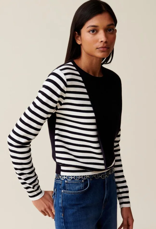 Claudie Pierlot Short Striped Jumper With Plain Flap Clothes Knitwear And Cardigans