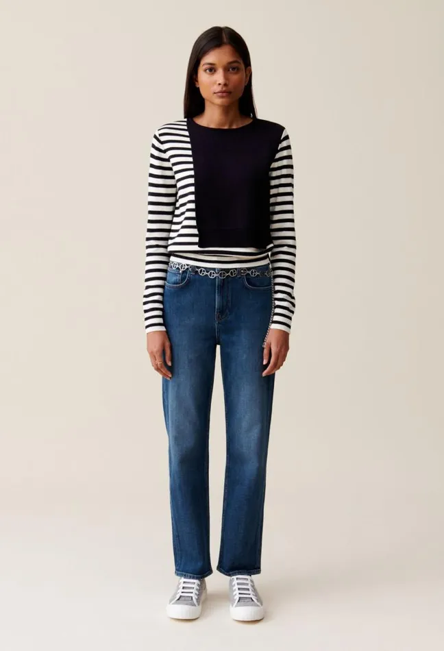 Claudie Pierlot Short Striped Jumper With Plain Flap Clothes Knitwear And Cardigans