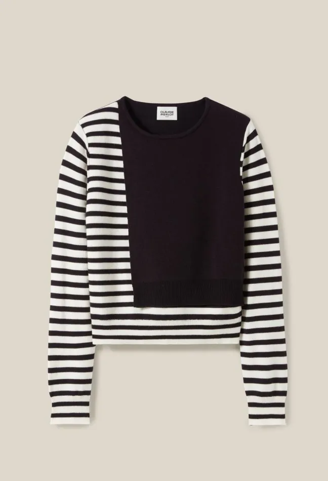 Claudie Pierlot Short Striped Jumper With Plain Flap Clothes Knitwear And Cardigans