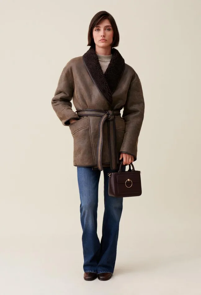 Claudie Pierlot Taupe Belted Shearling Jacket Clothes Coats