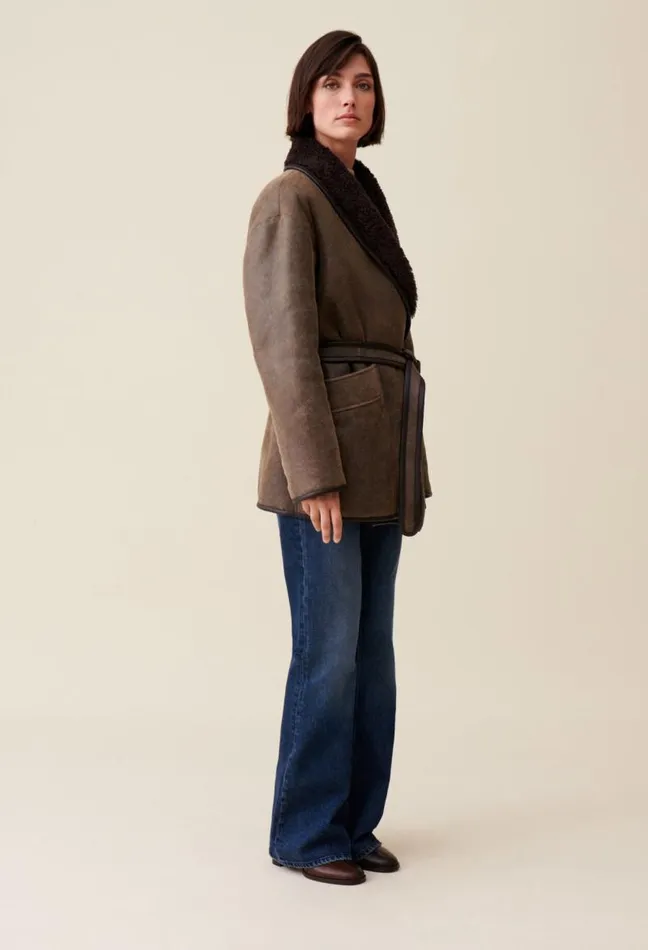 Claudie Pierlot Taupe Belted Shearling Jacket Clothes Coats