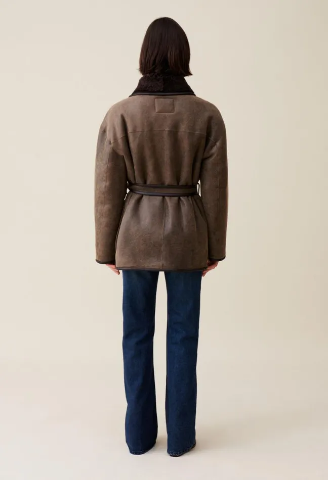 Claudie Pierlot Taupe Belted Shearling Jacket Clothes Coats