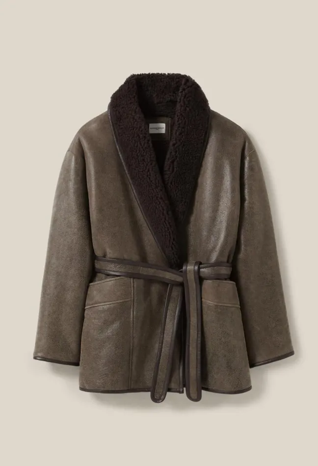 Claudie Pierlot Taupe Belted Shearling Jacket Clothes Coats