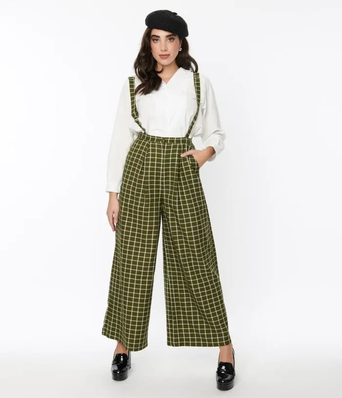 Collectif 1940s Olive Green and White Windowpane Glynda Suspender Pants ClothingPlus Unique Vintage Pants Collectif 1940s Olive Green and White Windowpane Glynda Suspender Pants ClothingPlus Unique Vintage Pants