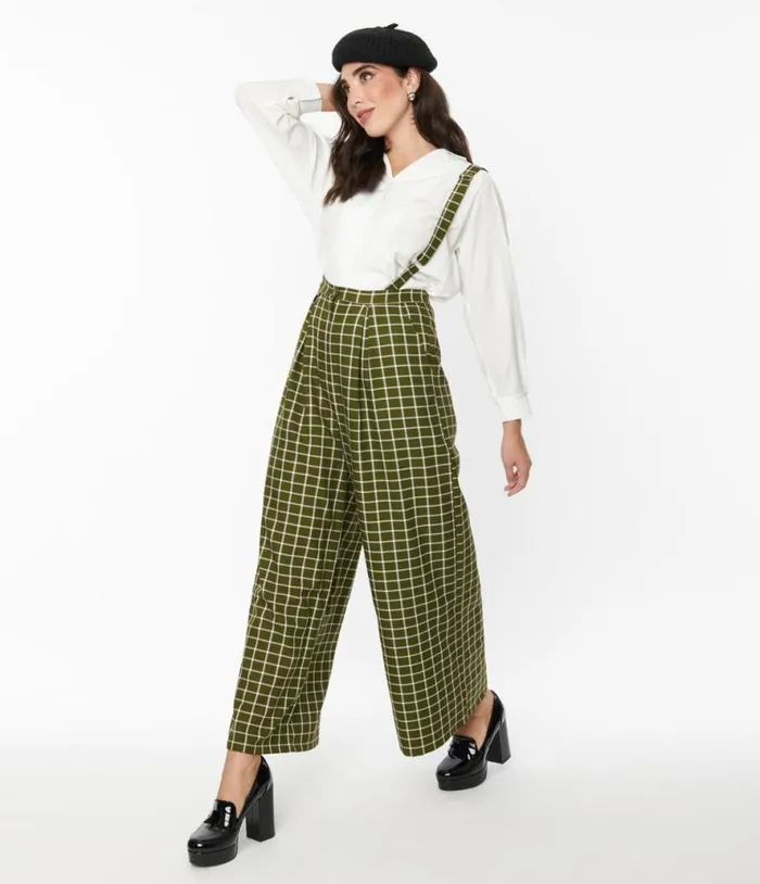 Collectif 1940s Olive Green and White Windowpane Glynda Suspender Pants ClothingPlus Unique Vintage Pants