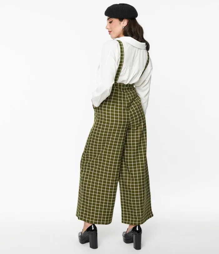 Collectif 1940s Olive Green and White Windowpane Glynda Suspender Pants ClothingPlus Unique Vintage Pants