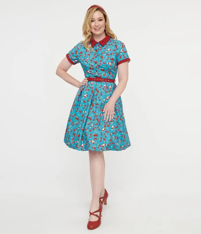 Collectif 1950s Blue and Red Cherry Pie Swing Dress Dresses Unique Vintage Pocket Dresses Collectif 1950s Blue and Red Cherry Pie Swing Dress Dresses Unique Vintage Pocket Dresses