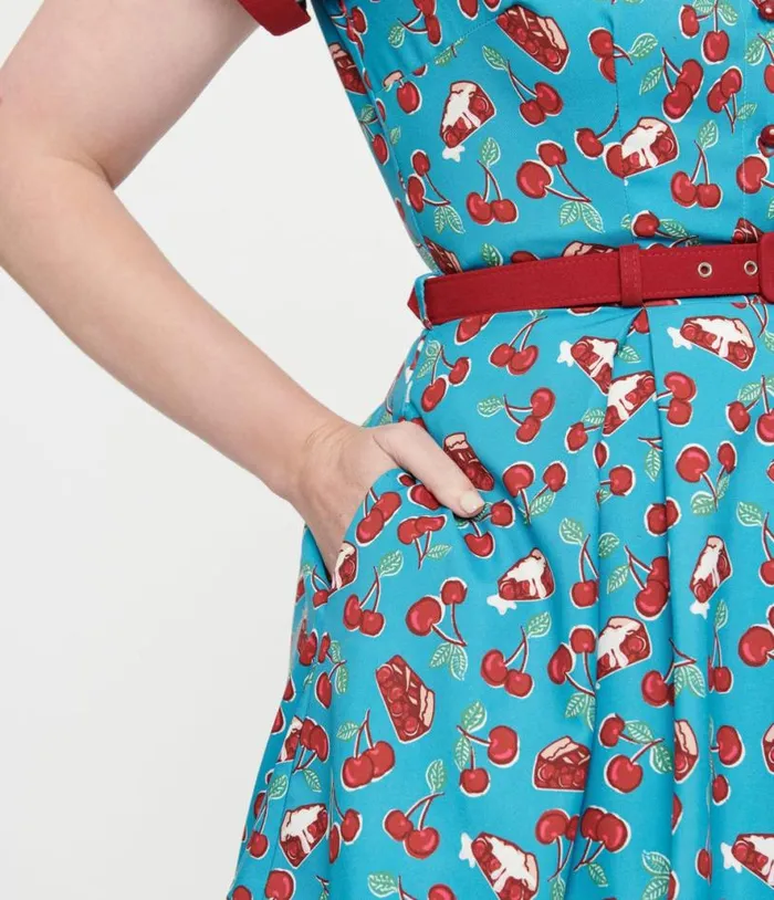 Collectif 1950s Blue and Red Cherry Pie Swing Dress Dresses Unique Vintage Pocket Dresses