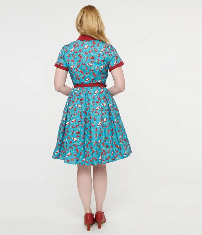 Collectif 1950s Blue and Red Cherry Pie Swing Dress Dresses Unique Vintage Pocket Dresses