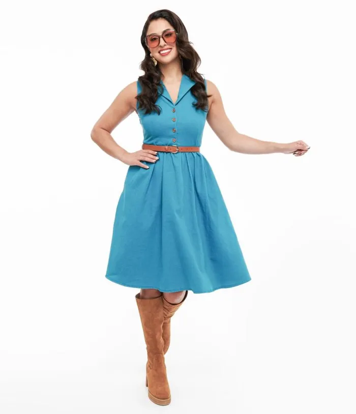 Collectif 1950s Blue Denim Lindy Bop Donda Dress DressesPlus Unique Vintage Fit and Flare Collectif 1950s Blue Denim Lindy Bop Donda Dress DressesPlus Unique Vintage Fit and Flare