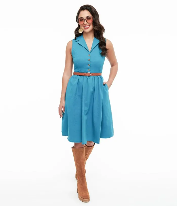 Collectif 1950s Blue Denim Lindy Bop Donda Dress DressesPlus Unique Vintage Fit and Flare