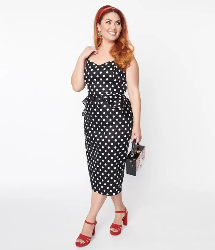 Collectif Black and White Polka Dot Lilla Pencil Dress DressesPlus Unique Vintage Pencil