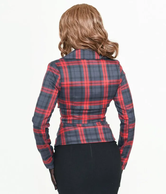 Collectif Grey and Red Plaid Halle Blazer Clothing Unique Vintage Coats and Jackets