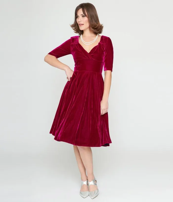 Collectif Plum Velvet Trixie Flare Dress Dresses Unique Vintage Fit and Flare