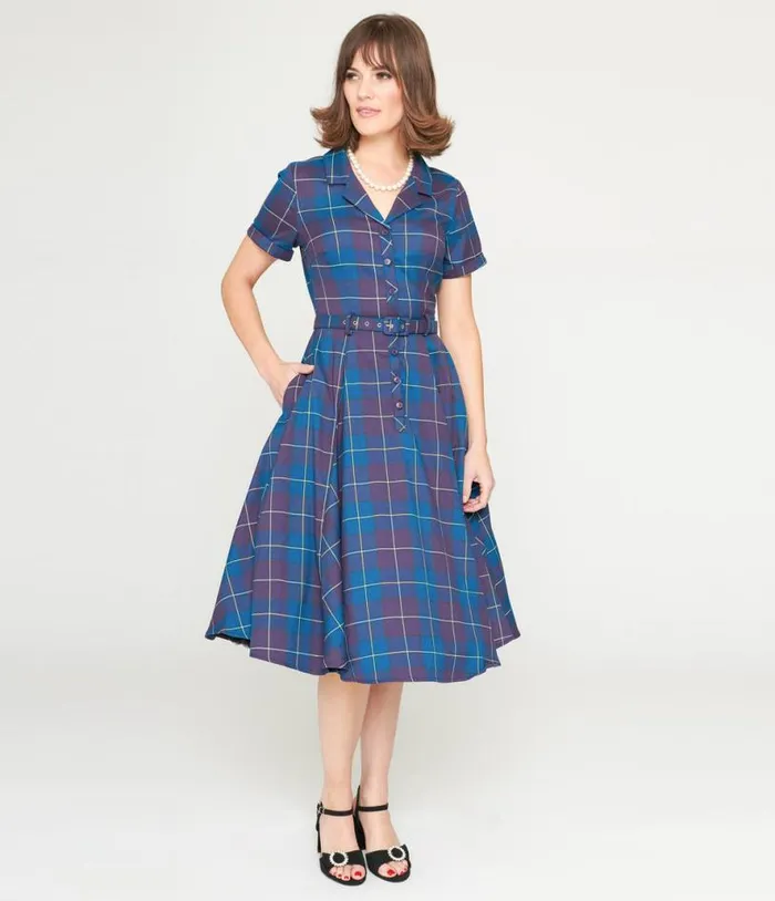 Collectif Teal and Purple Checkered Caterina Swing Dress Dresses Unique Vintage Pocket Dresses Collectif Teal and Purple Checkered Caterina Swing Dress Dresses Unique Vintage Pocket Dresses