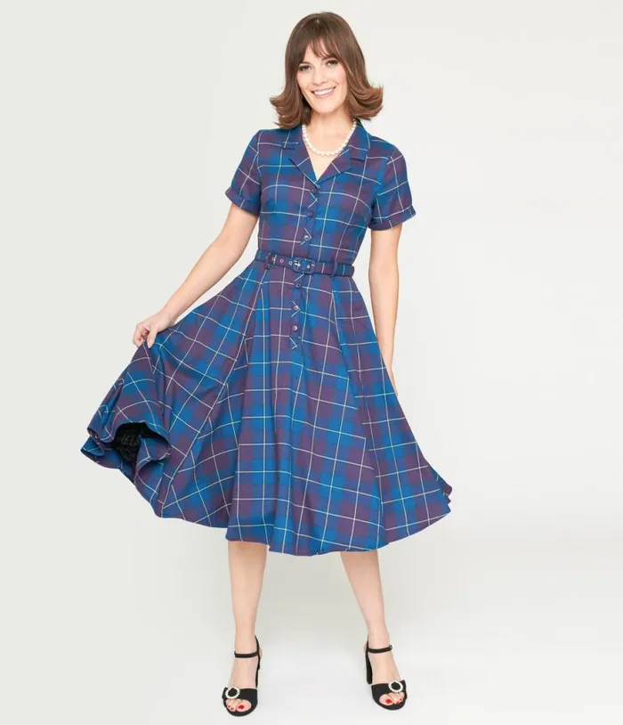 Collectif Teal and Purple Checkered Caterina Swing Dress Dresses Unique Vintage Pocket Dresses