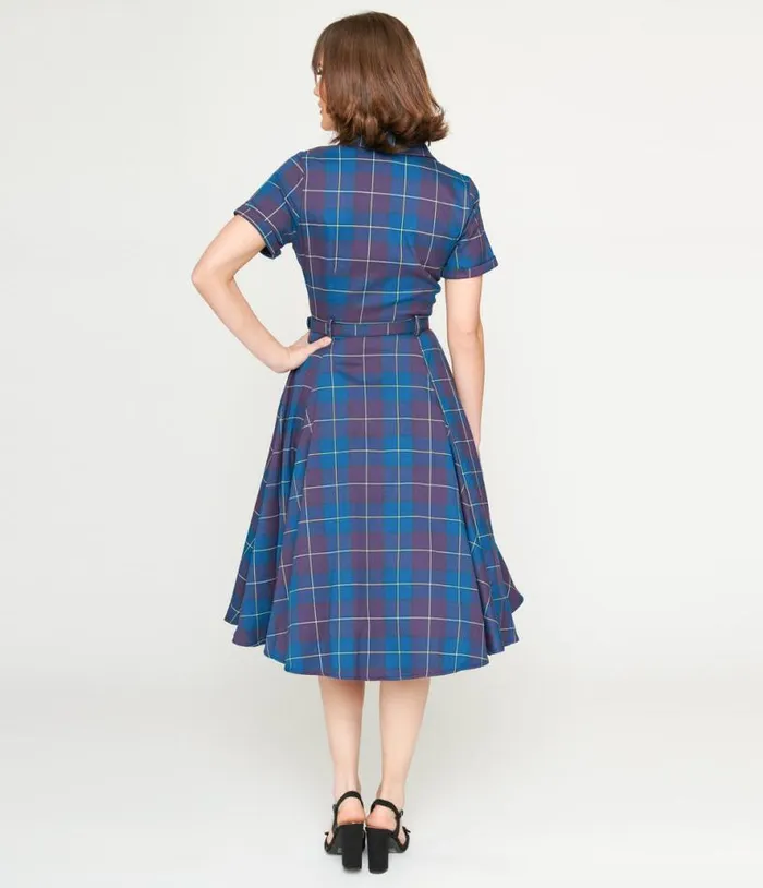 Collectif Teal and Purple Checkered Caterina Swing Dress Dresses Unique Vintage Pocket Dresses