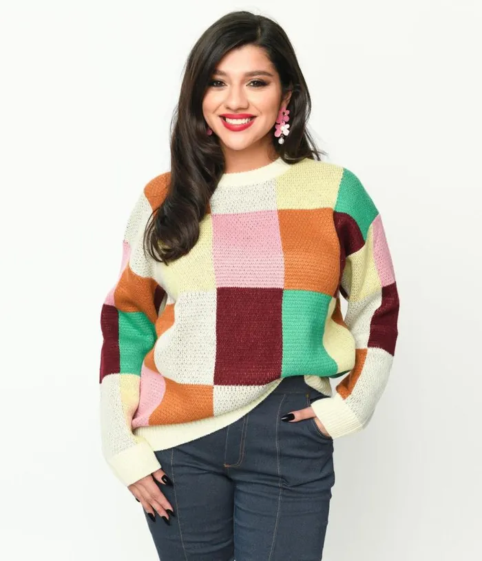 Cream and Multicolor Color Block Checker Sweater ClothingPlus Unique Vintage Sweaters and Cardigans Cream and Multicolor Color Block Checker Sweater ClothingPlus Unique Vintage Sweaters and Cardigans