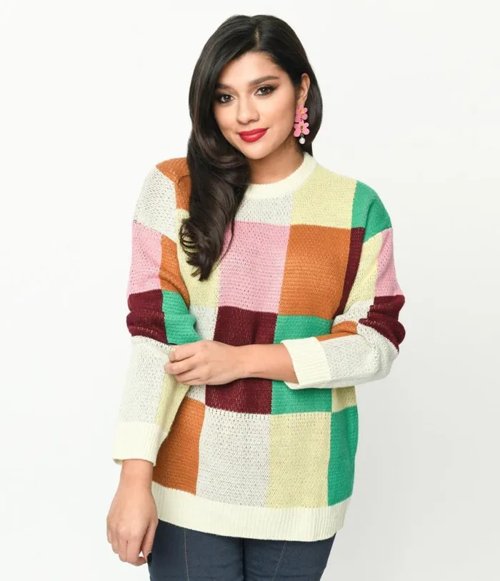 Cream and Multicolor Color Block Checker Sweater ClothingPlus Unique Vintage Sweaters and Cardigans