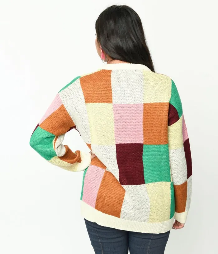 Cream and Multicolor Color Block Checker Sweater ClothingPlus Unique Vintage Sweaters and Cardigans