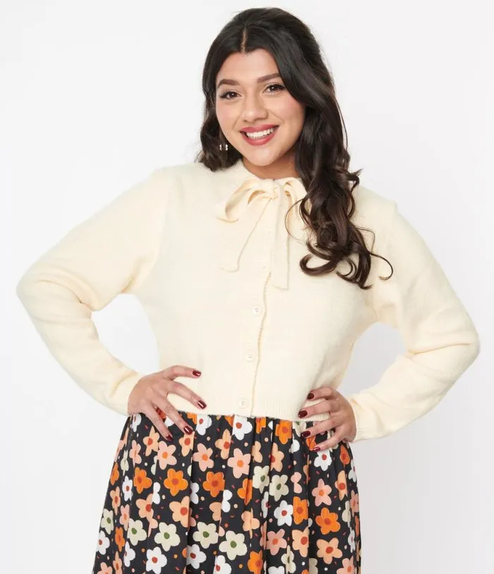 Cream Bow Cropped Knit Cardigan Clothing Unique Vintage Sweaters and Cardigans Cream Bow Cropped Knit Cardigan Clothing Unique Vintage Sweaters and Cardigans