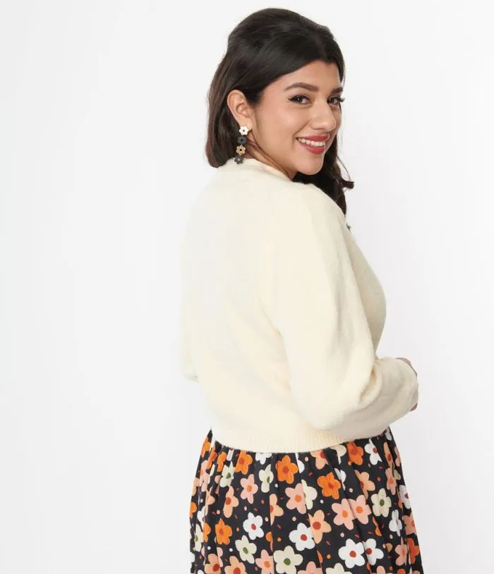 Cream Bow Cropped Knit Cardigan Clothing Unique Vintage Sweaters and Cardigans