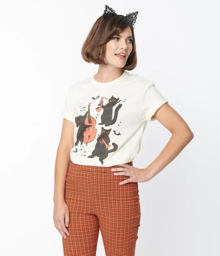 Cream Jazz Cats Unisex Graphic Tee ClothingHalloween Unique Vintage Graphic Tees
