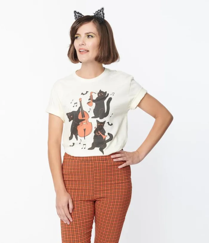 Cream Jazz Cats Unisex Graphic Tee ClothingHalloween Unique Vintage Graphic Tees