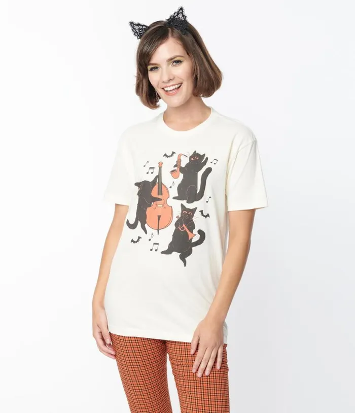 Cream Jazz Cats Unisex Graphic Tee ClothingHalloween Unique Vintage Graphic Tees