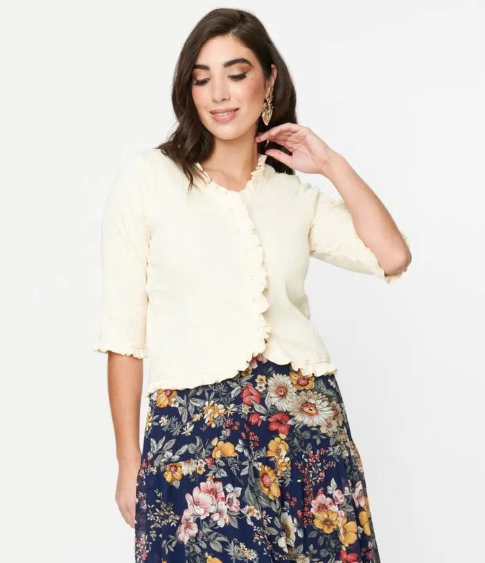 Cream Ribbed Knit Ruffle Trim Cardigan Clothing Unique Vintage Sweaters and Cardigans
