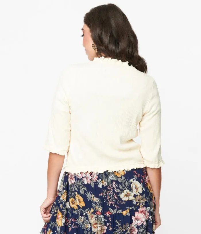 Cream Ribbed Knit Ruffle Trim Cardigan Clothing Unique Vintage Sweaters and Cardigans