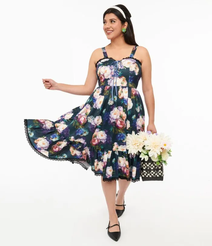 Dark Green Floral Heidi Swing Dress DressesPlus Unique Vintage Pocket Dresses