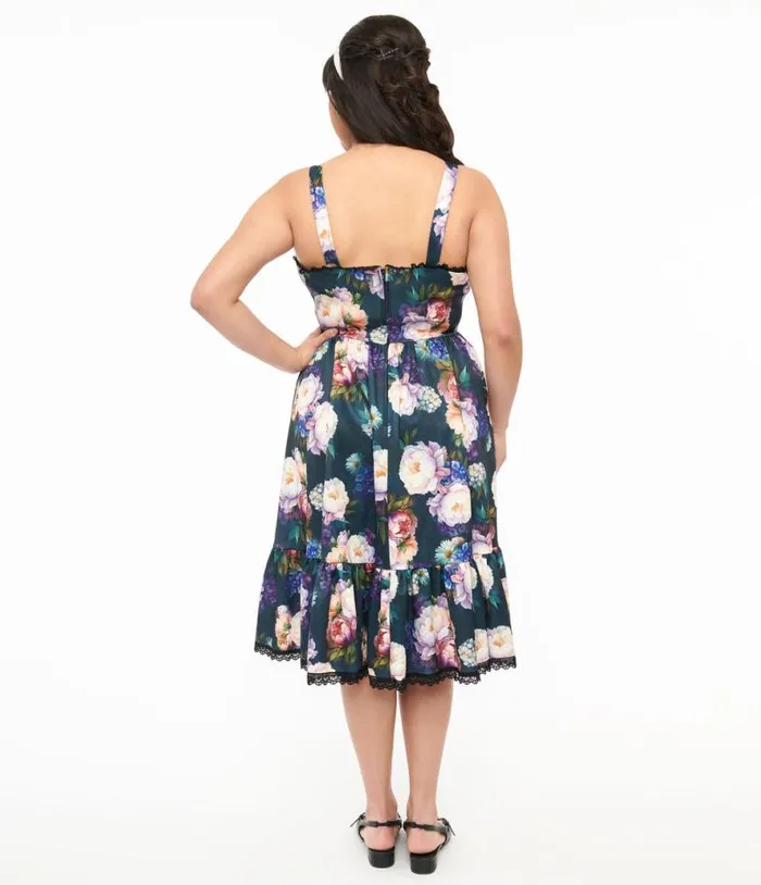 Dark Green Floral Heidi Swing Dress DressesPlus Unique Vintage Pocket Dresses