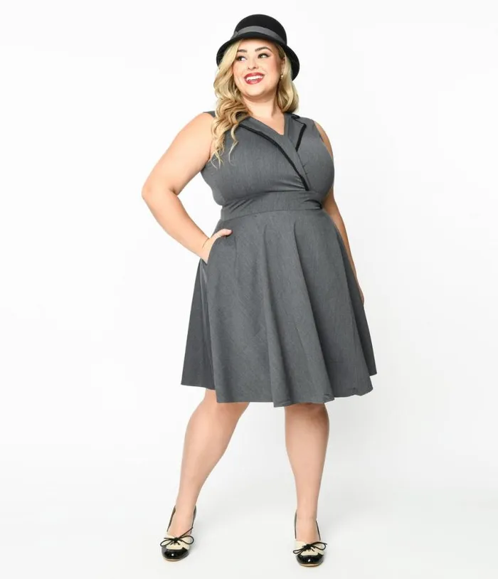 Dark Heather Grey Swing Dress DressesPlus Unique Vintage Pocket Dresses