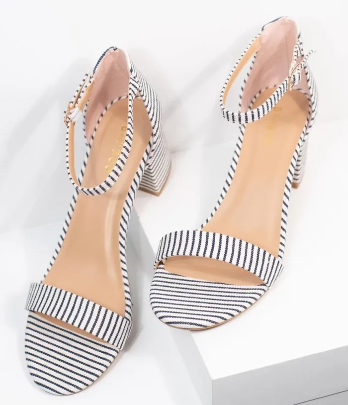 Dark Navy and White Stripe Textile Heel Sandals Shoes Unique Vintage Sandals