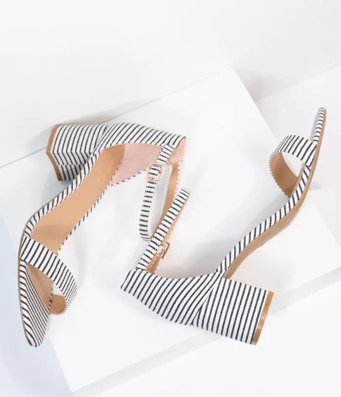 Dark Navy and White Stripe Textile Heel Sandals Shoes Unique Vintage Sandals