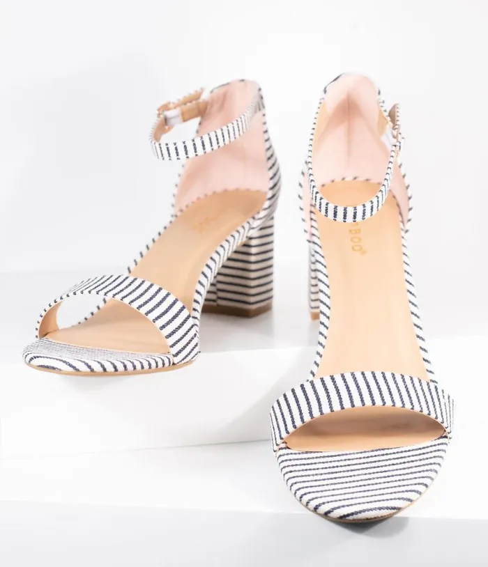 Dark Navy and White Stripe Textile Heel Sandals Shoes Unique Vintage Sandals