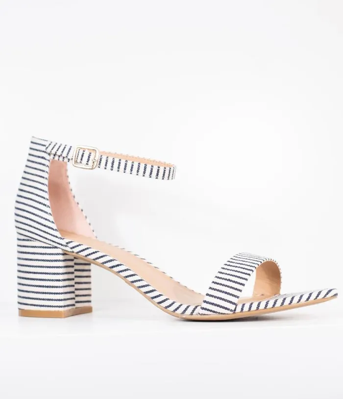 Dark Navy and White Stripe Textile Heel Sandals Shoes Unique Vintage Sandals