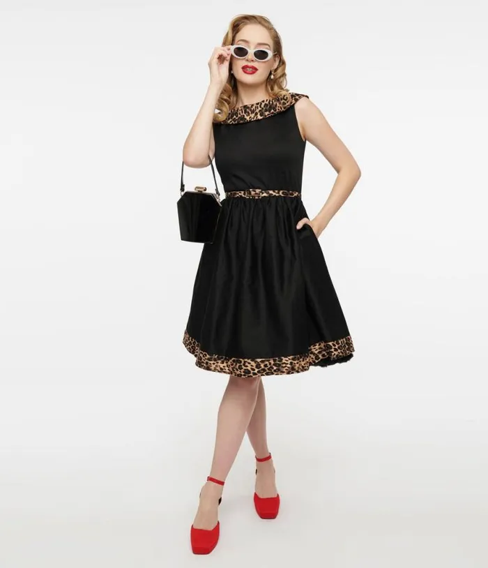 Dolly and Dotty 1950s Black and Leopard Cindy Swing Dress DressesPlus Unique Vintage Pocket Dresses Dolly and Dotty 1950s Black and Leopard Cindy Swing Dress DressesPlus Unique Vintage Pocket Dresses