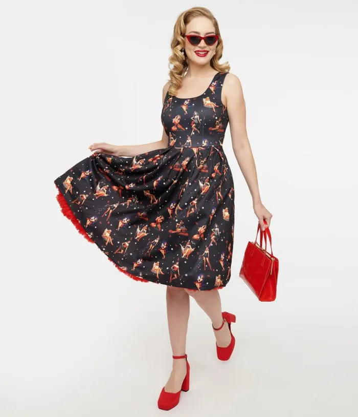 Dolly and Dotty 1950s Black and Pinup Print Amanda Swing Dress Dresses Unique Vintage Pocket Dresses Dolly and Dotty 1950s Black and Pinup Print Amanda Swing Dress Dresses Unique Vintage Pocket Dresses