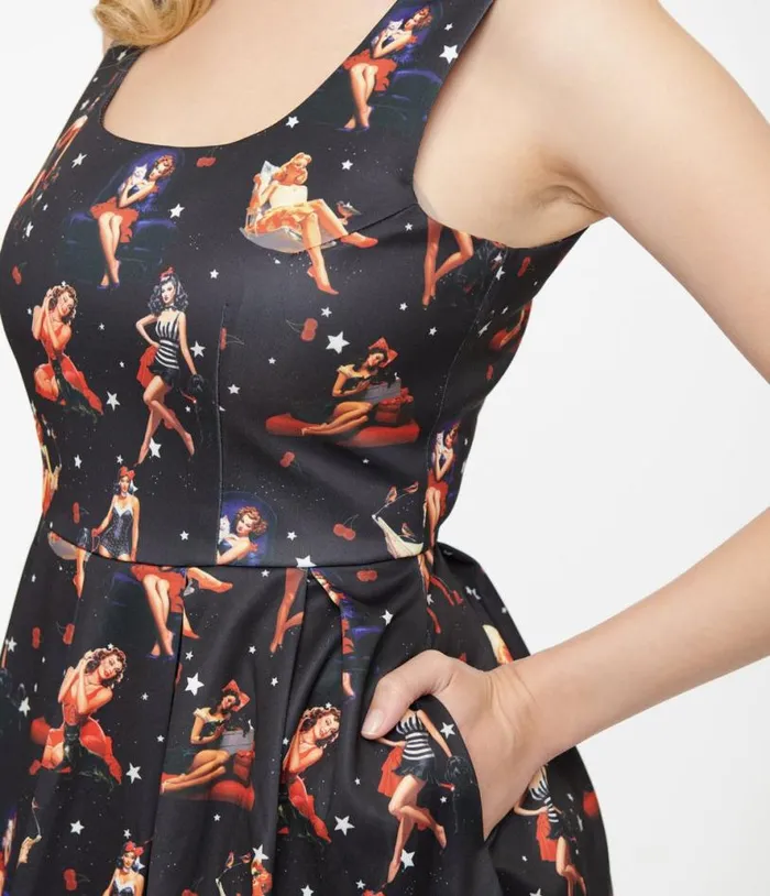 Dolly and Dotty 1950s Black and Pinup Print Amanda Swing Dress Dresses Unique Vintage Pocket Dresses
