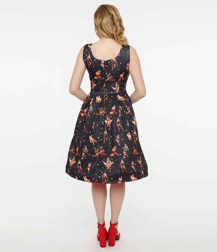Dolly and Dotty 1950s Black and Pinup Print Amanda Swing Dress Dresses Unique Vintage Pocket Dresses