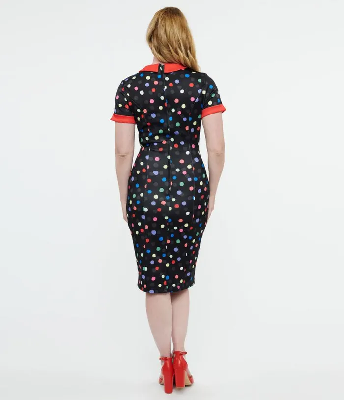 Dolly and Dotty 1950s Black and Rainbow Polka Dot Toni Wiggle Dress DressesPlus Unique Vintage Pencil