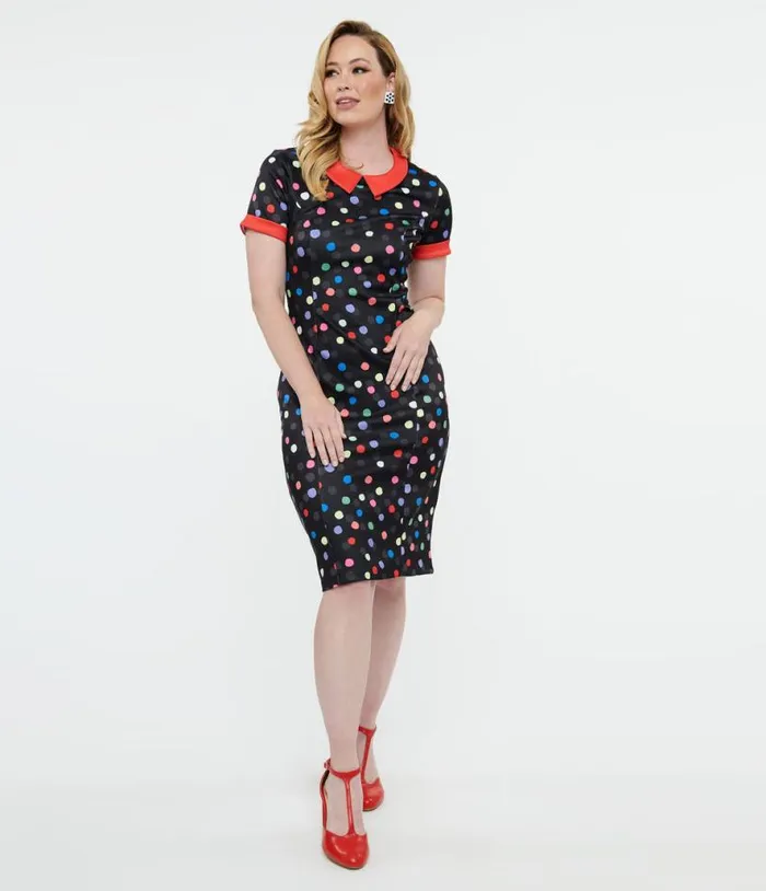 Dolly and Dotty 1950s Black and Rainbow Polka Dot Toni Wiggle Dress DressesPlus Unique Vintage Pencil