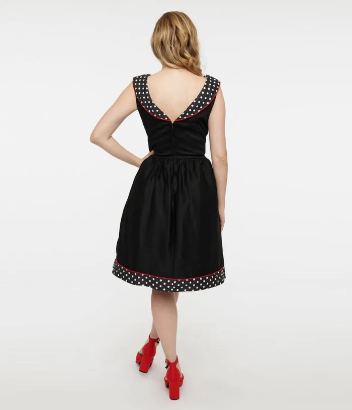 Dolly and Dotty 1950s Black and White Polka Dot Cindy Swing Dress DressesPlus Unique Vintage Pocket Dresses