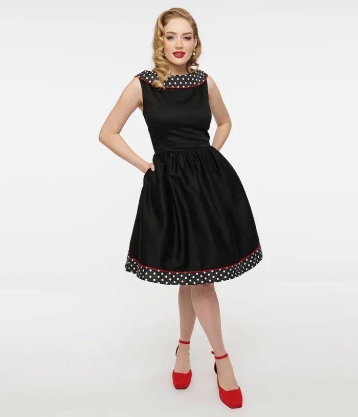 Dolly and Dotty 1950s Black and White Polka Dot Cindy Swing Dress DressesPlus Unique Vintage Pocket Dresses