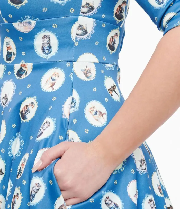 Dolly and Dotty 1950s Blue Cats Swing Dress Dresses Unique Vintage Pocket Dresses