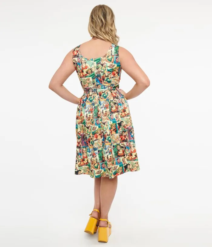 Dolly and Dotty 1950s Comic Book Print Amanda Swing Dress DressesPlus Unique Vintage Pocket Dresses